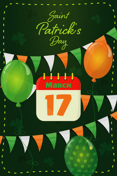 ilustrações, clipart, desenhos animados e ícones de bandeira do dia de são patrício com calendário de feriados, balões, guirlanda de bandeiras e trevos folhas - saint patricks banner green beer patrick leprechaun hat