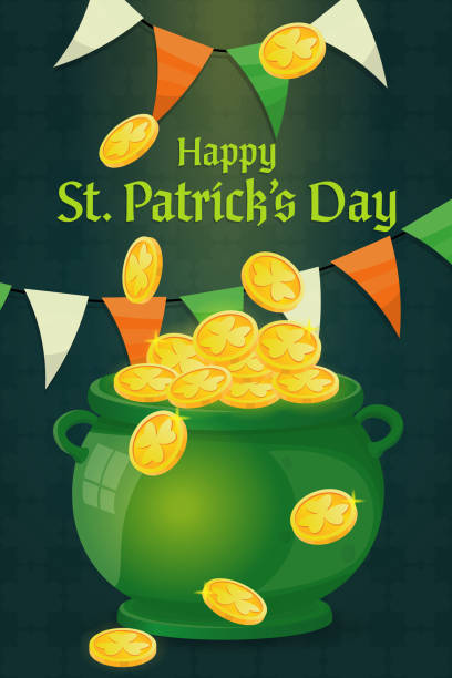 ilustrações, clipart, desenhos animados e ícones de bandeira do dia de são patrício com pote de duendes cheio de moedas de ouro e guirlanda - saint patricks banner green beer patrick leprechaun hat