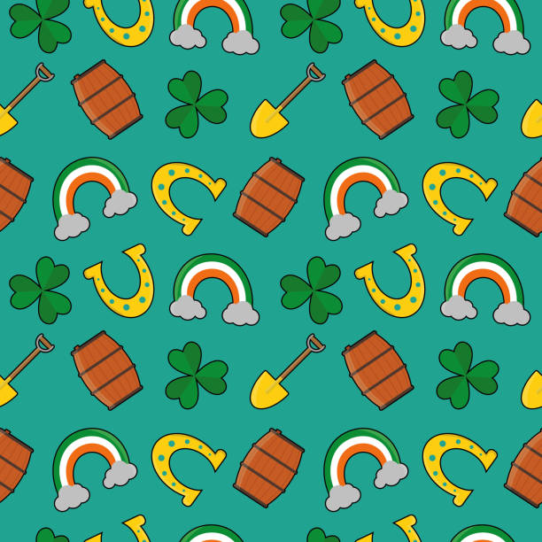 ilustrações, clipart, desenhos animados e ícones de padrão do dia de são patrício com elementos de arco-íris, trevo, ferradura, barril e pá - saint patricks banner green beer patrick leprechaun hat