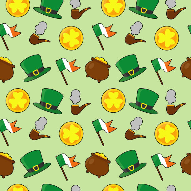 ilustrações, clipart, desenhos animados e ícones de saint patricks padrão do dia com elementos de cachimbo de fumaça, chapéu, bandeira, moeda de ouro e pote - saint patricks banner green beer patrick leprechaun hat