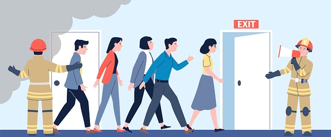 Fire and panic in office. Emergency workplace situation, firemen avacuated managers for safety life. People running to exit, vector scene of emergency run from office, danger and safety illustration