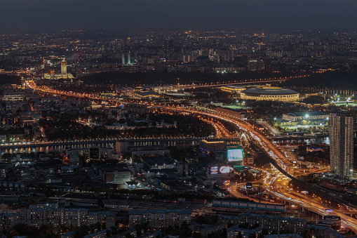 Aerial view of Moscow with Luzhniki Stadium and Moscow river from the high skyscraper of Moscow City.