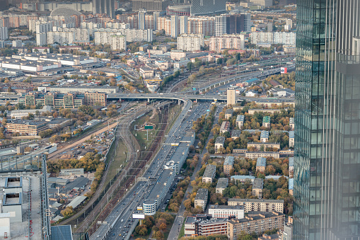 Aerial view of roads in Moscow from the high skyscraper of Moscow City.