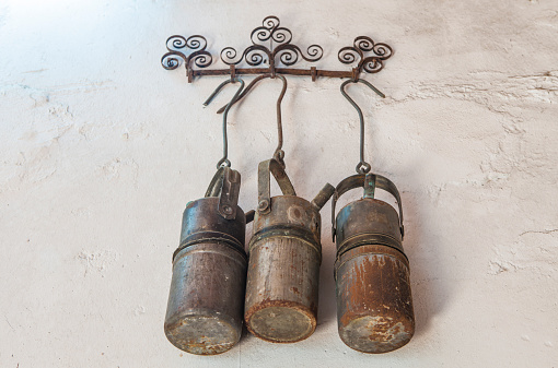 Old rusty carbide lamps. Acetylene gas lamps