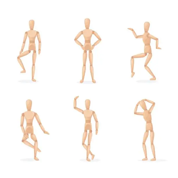 Vector illustration of Wooden man poses. Wood dummy toy, group people statue human model for art artist drawing, puppet manikin figure in different pose, isolated doll sculpture, neat vector illustration