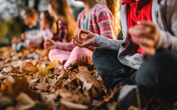 close up of unrecognizable child meditating in autumn leaves. - zen like nature breathing exercise sitting imagens e fotografias de stock