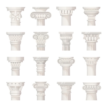 Top of column. Corinthian doric greek rome capital pillars, columns of indian temple or antique castle classic architecture marble pillars set ingenious vector illustration of architecture column