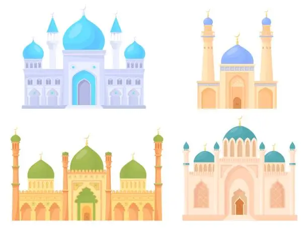 Vector illustration of Cartoon mosque buildings. Islamic castle desert building, traditional arabian muslim temple for moslem praying ramadan, arabic minaret housing with dome, neat vector illustration