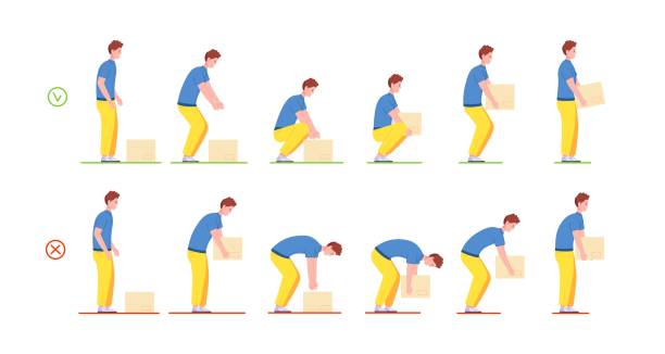 illustrations, cliparts, dessins animés et icônes de levage approprié. technique de levage de boîte lourde correcte et incorrecte, bonne posture de chargeur pour le déplacement ou la lourdeur de chargement, pose ergonomique de flexion du corps de sécurité, splendide illustration vectorielle - soulever