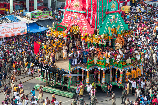 9th july 2022 puri odisha india :Puri Jagannath temple and Rah Yatra. Crowd participate in the Hindu chariot festival. Ulta rath Bahura.