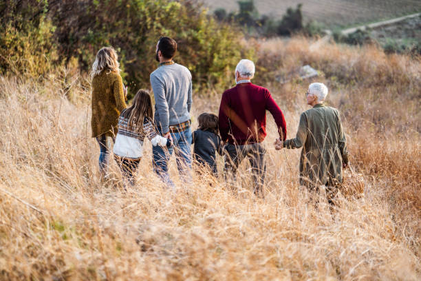 istock Rear view of multi-generation family going on picnic on a hill. 1466277868