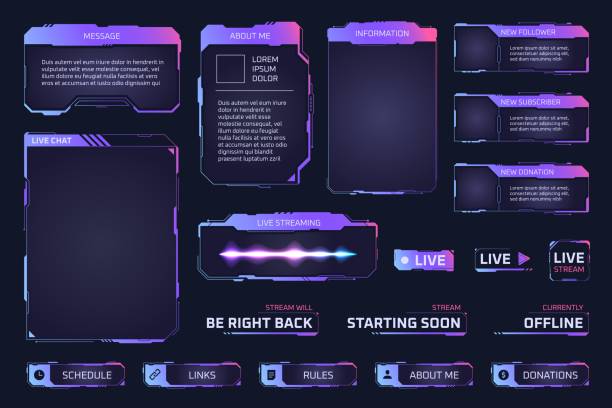 ilustrações, clipart, desenhos animados e ícones de painéis de fluxo de jogos. twitch streaming overlay frames para gamers leaderboard, hud brilhante modelo de tela digital gui interface online futurista cyber botões ui ilustração vetorial - computer monitor computer backgrounds frame