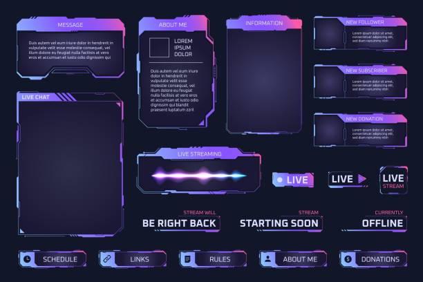 Game stream panels. Twitch streaming overlay frames for gamers leaderboard, hud glowing digital screen template gui online interface futuristic cyber buttons ui vector illustration Game stream panels. Twitch streaming overlay frames for gamers leaderboard, hud glowing digital screen template gui online interface futuristic cyber buttons ui vector illustration of game live frame live streaming computer stock illustrations