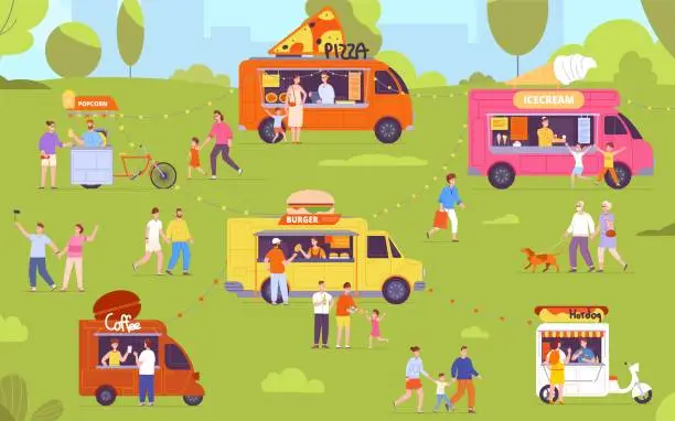 Vector illustration of Outdoors food festival. Outdoor catering event, crowd people eat at street meal truck tent stall, summer fair shop, family guys drinking in town cafe, splendid vector illustration
