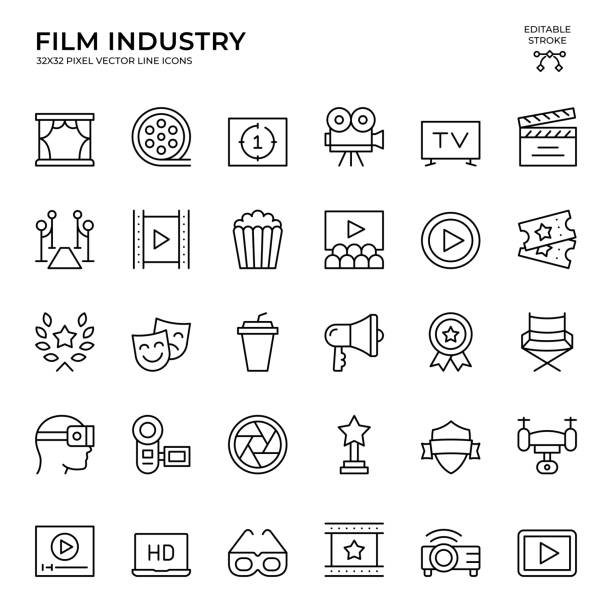 ilustrações, clipart, desenhos animados e ícones de conjunto de ícones vetoriais de traçado editável da indústria cinematográfica - film industry
