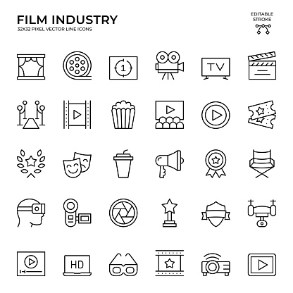 Black color, 32x32, pixel perfect, Editable Stroke. This icon set consists of Film Industry, Film Roll, Camera, TV, Clapperboard, Red Carpet, Movie Reel, Popcorn, Play Button, Cinema Ticket, Film Festival, Megaphone, Movie Theater, and so on