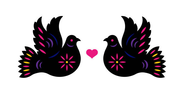 Couple of dove in love. Black birds with vivid simple ornament and heart between. Best for greeting card, laser cutting, decoupage. Modern vector illustration. Black birds with vivid simple ornament and heart between. laser pen stock illustrations