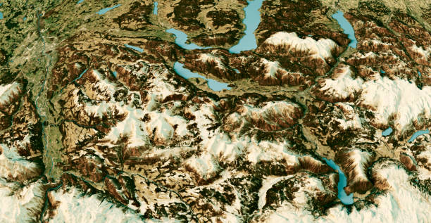austria salzkammergut mapa topográfico vista 3d color de invierno - austria map topography satellite view fotografías e imágenes de stock