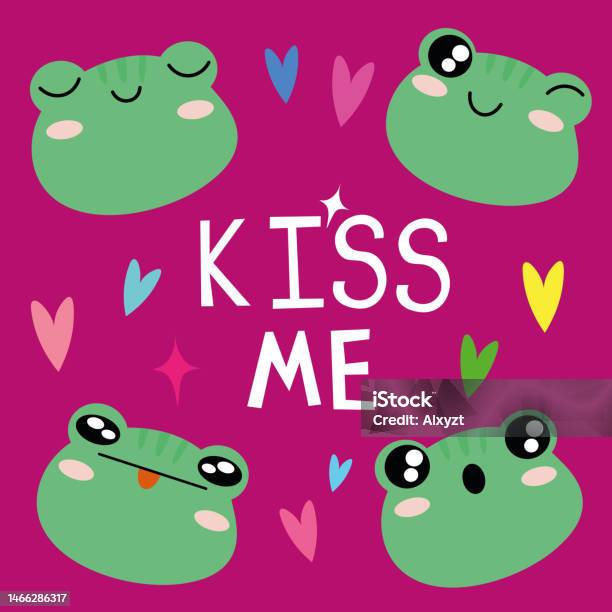 Set Of Various Avatars Of Frog Facial Expressions Text Kiss Me Vector ...