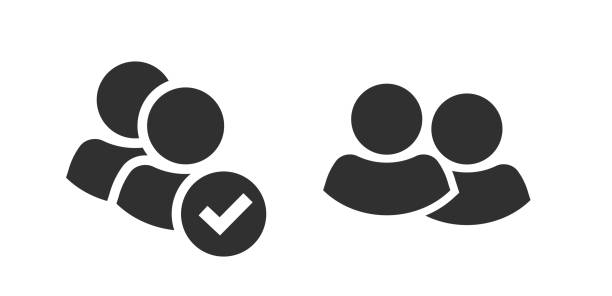 Two people users icon vector pictogram silhouette shape graphic, 2 community group profile member checkmark added to team ui symbol, couple unity check verified mark black white pic image vector art illustration