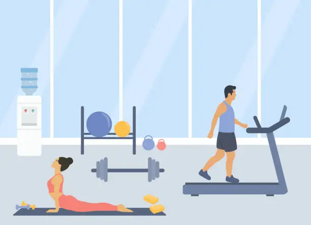 Vector illustration of Gym Interior With Man Walking On Treadmill And Young Woman Practising Yoga. Healthy Lifestyle Concept With Pilates Balls, Barbell, And Treadmill