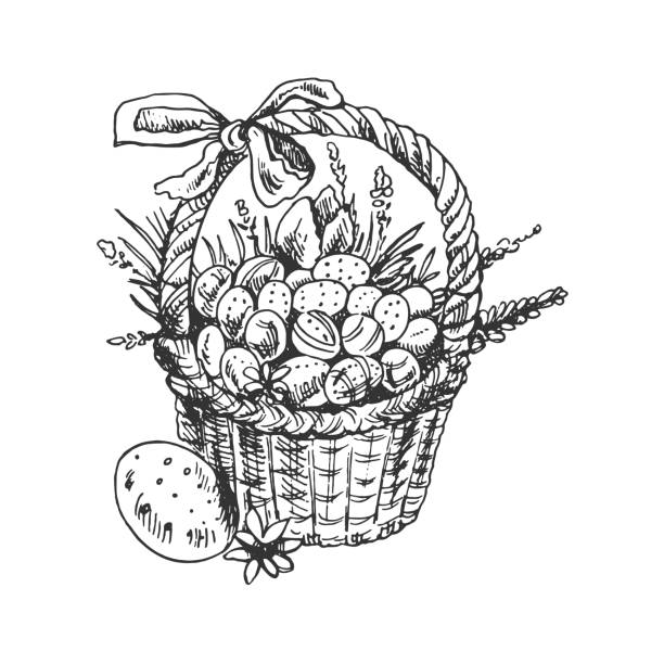 Sketch of easter basket. Hand drawn vintage  illustration with basket, easter eggs,  and flowers. Vector. Black and white drawing. Sketch of easter basket. Hand drawn vintage  illustration with basket, easter eggs,  and flowers. Vector. Black and white drawing. easter easter egg eggs basket stock illustrations