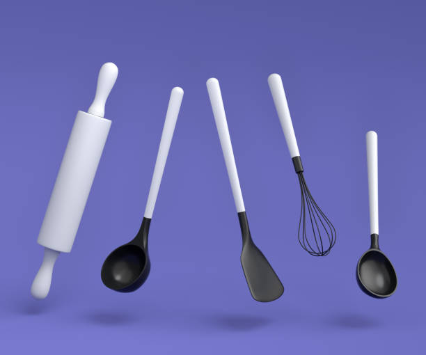 istock Wooden kitchen utensils, tools and equipment on violet background. 1466294155