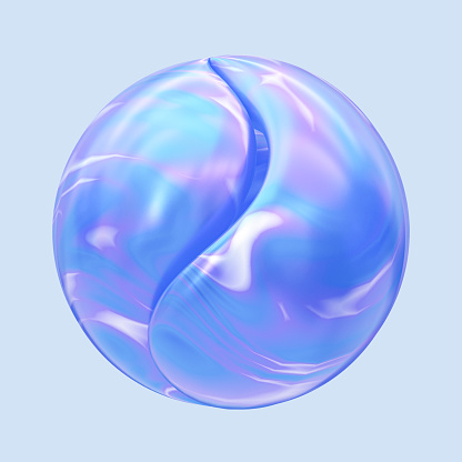 Form of Yin Yang Liquid sphere. Isolated on blue background. In a futuristic style. 3d rendering illustration