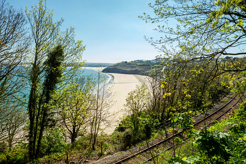 An overlooking Carbis bay in Cornwall and the railway line from the  St Ives Bay Line