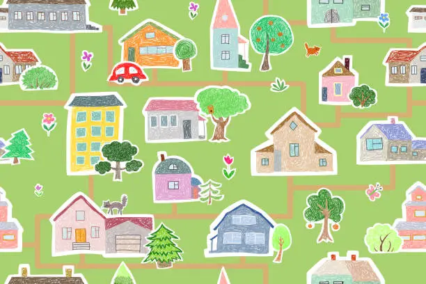 Vector illustration of Seamless pattern. Kids drawings. Town with trees and houses.