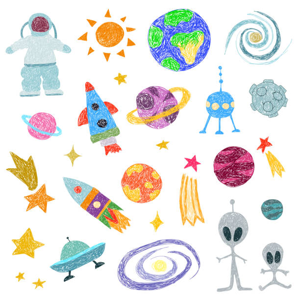 kinderzeichnung. astronaut, planeten, sterne auf dunkelblauem hintergrund - kinderzeichnung stock-grafiken, -clipart, -cartoons und -symbole