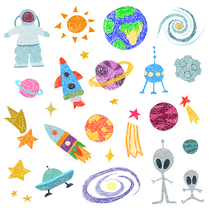 Children's drawing. Astronaut, planets, stars on a dark blue background