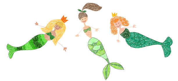 Children's drawing. Three cute mermaids Children's drawing. Three cute mermaids child 10 11 years 8 9 years cheerful stock illustrations