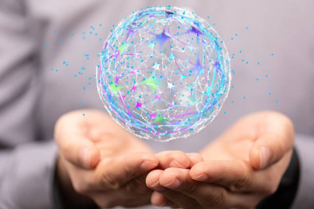 istock Shot of a circular data network digital concept over human hands 1466302759
