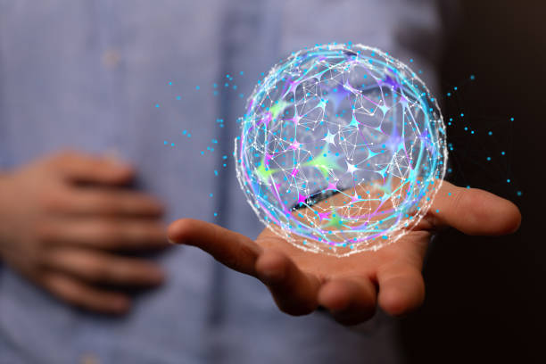 istock Person presenting the virtual projection of digital network and data concept 1466303024