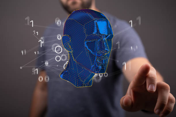 istock Person presenting the virtual projection of the polygonal human face 1466303646