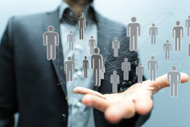istock Person presenting the virtual projection of digital conference teamwork connection 1466304169