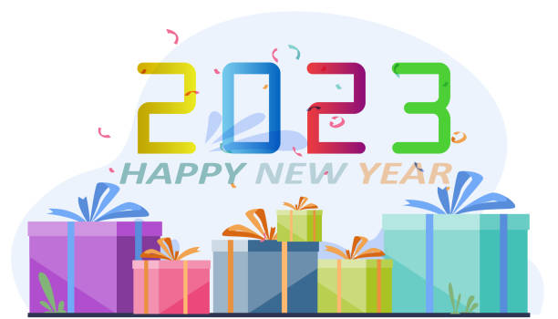 ilustrações de stock, clip art, desenhos animados e ícones de happy new year 2023 text. gift box. suitable for the act of giving campaigns celebrate. - reveillon influencers