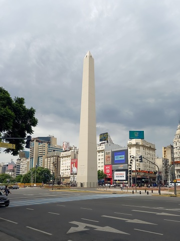 Buenos Aires, Argentina – February 09, 2023: The Obelisk, modern symbol of the city of Buenos Aires, at the intersection of 9th July Ave. and Corrientes Ave. Built in 1936. Copyspace
