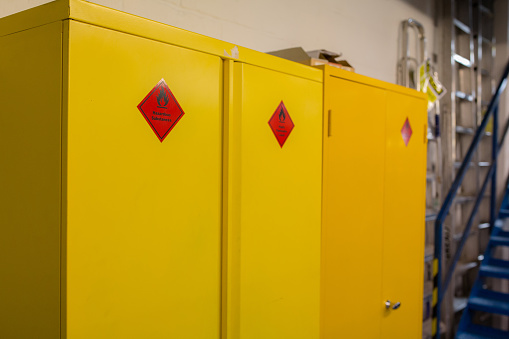 Hazardous storage cabinet in a warehouse where dangerous and flammable products can be stored safely