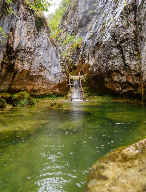 istock Vertical shot of a small mountain waterfall among rocks 1466312440