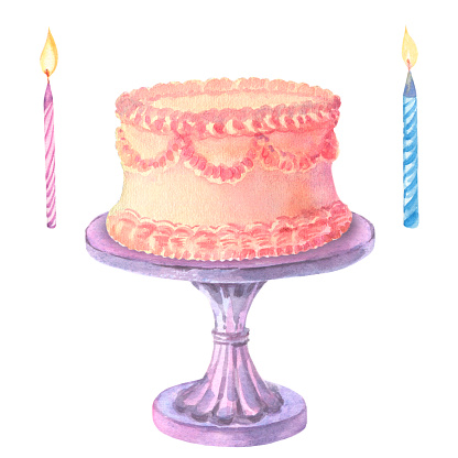 Watercolor cake with candles, isolated on white background. Happy birthday, baby shower celebration concept. Hand drawn clipart for greeting card, invitations, banners. Handmade illustration.