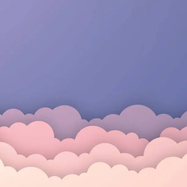 Vector illustration of Pink sky with couds - Paper cut background - Trendy 3D design