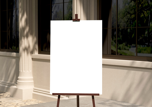 Wedding white Board, welcome sign, Seating chart Mockup , outdoors. Greeting template with clipping path. 3D rendering