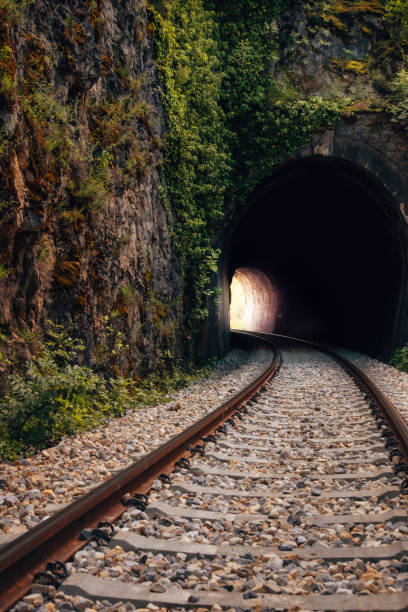 istock Vertical shot of train tracks and a tunnel surrounded by cliffs 1466321229