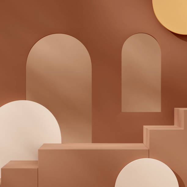 istock Brown stairs empty space in square with yellow and white arch window 3d rendering mockup template 1466323672