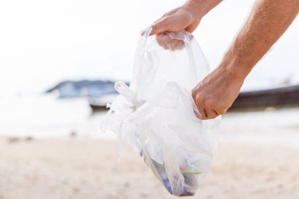 istock Man picks up plastic trash on the each in the morning 1466326108