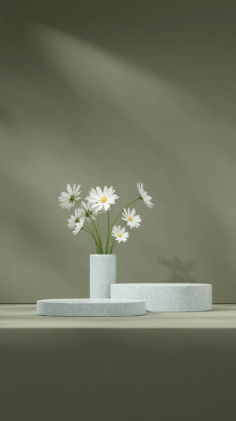 istock Green terrazzo texture podium in portrait with white daisy in pot 3d rendering space mockup scene 1466328753