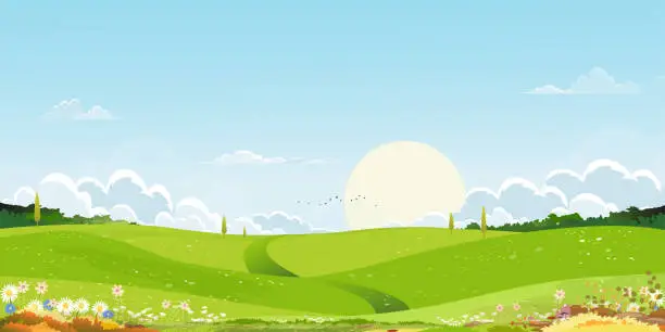 Vector illustration of Spring green fields landscape with mountain,blue sky and clouds background,Panorama peaceful rural natural in springtime with green grass land. Cartoon vector illustration for spring and summer banner