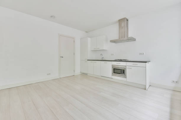 istock Beautiful image of an empty kitchen in a white interior design house; design ideas 1466329032